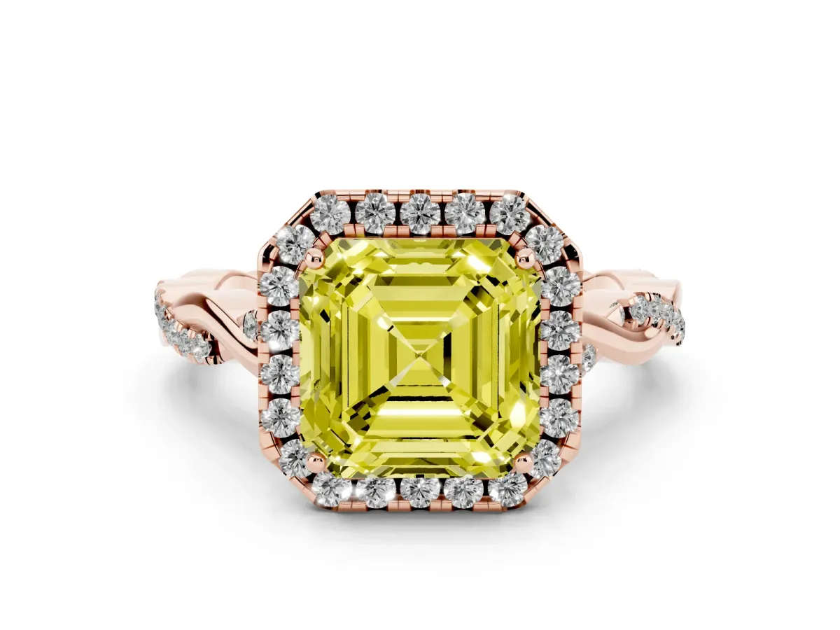 Fancy Yellow Asscher Cut Diamond Halo Twist Band Solitaire Ring Set in Rose gold with Prong Setting