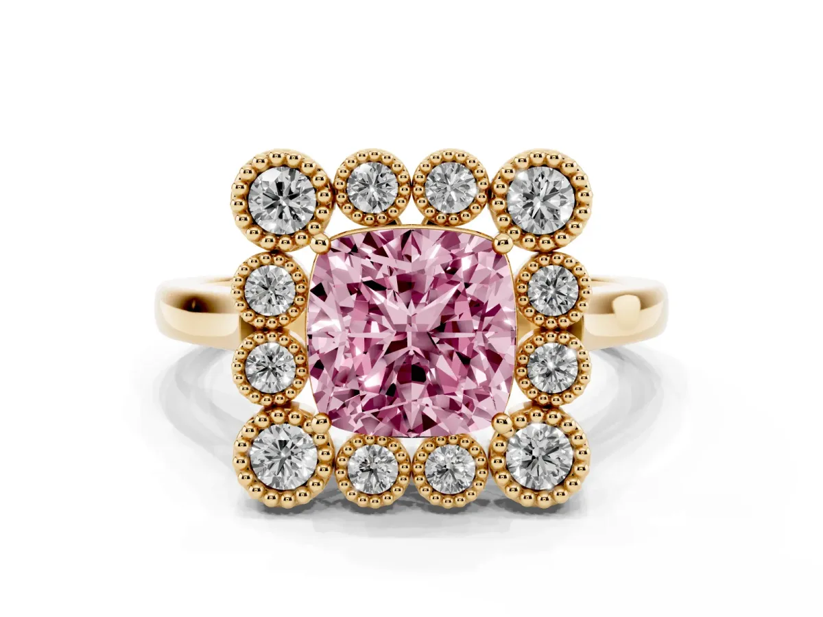 Fancy Pink Cushion Cut Diamond Cluster Halo Ring Set in Yellow gold with Milgrain Bezel Accents and Plain Band