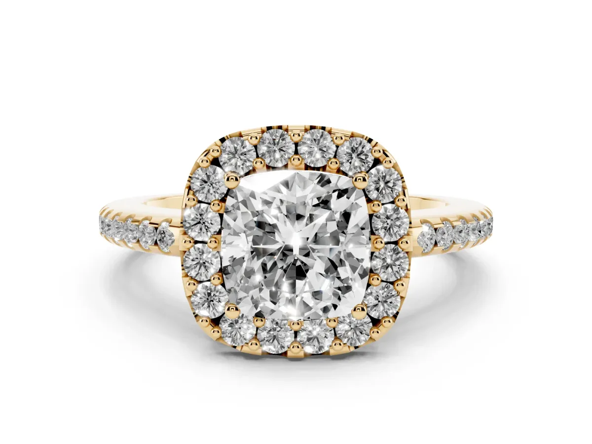 Cushion Cut Diamond Pavé Halo Ring Set in Yellow gold with Prong Setting