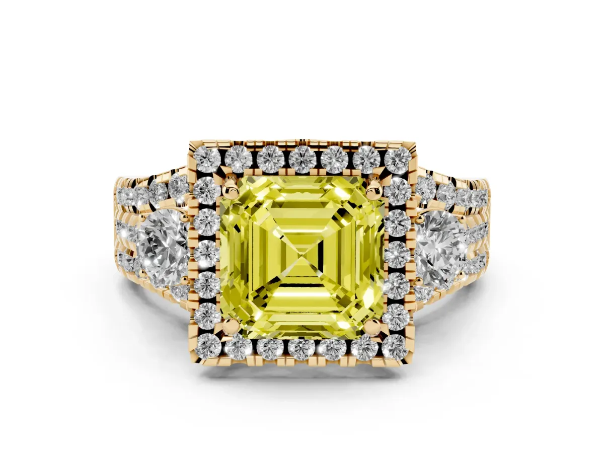 Fancy Yellow Asscher Cut Diamond Halo Split Shank Ring Set in Yellow gold with Round Accent Stones and Prong Setting