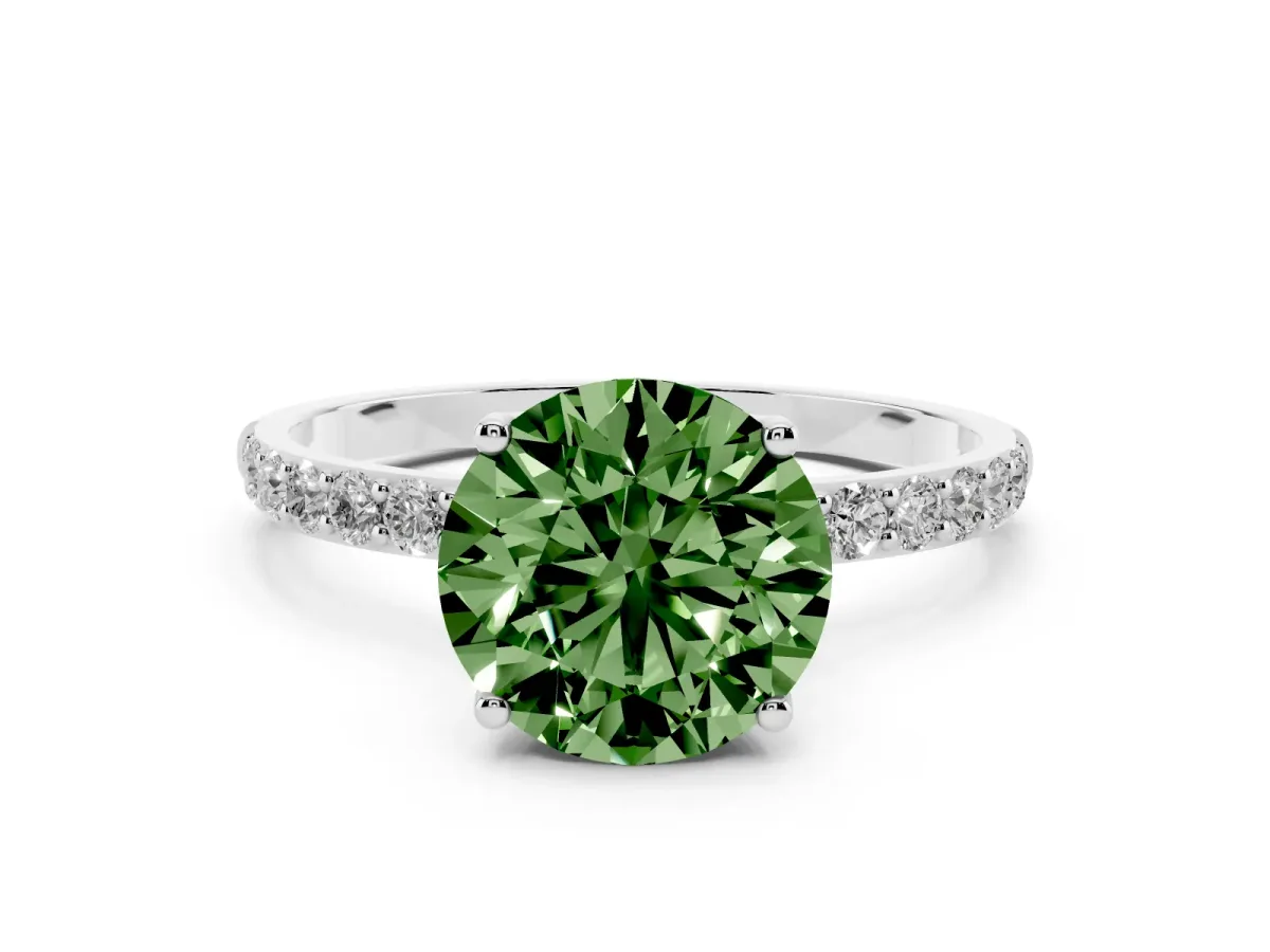 Fancy Green Round Cut Diamond Solitaire Engagement Ring Set in Platinum with Round Pavé Band and Prong Setting