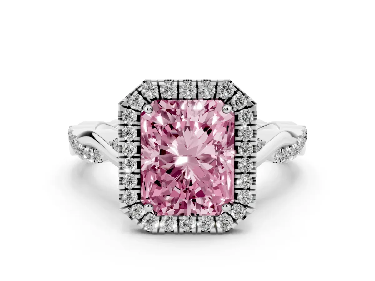 Fancy Pink Radiant Cut Diamond Halo Twist Band Solitaire Ring Set in Silver with Prong Setting