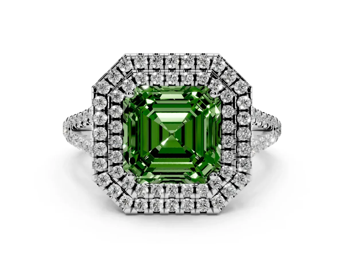 Fancy Green Asscher Cut Diamond Double Halo Ring Set in Platinum with Pavé Band