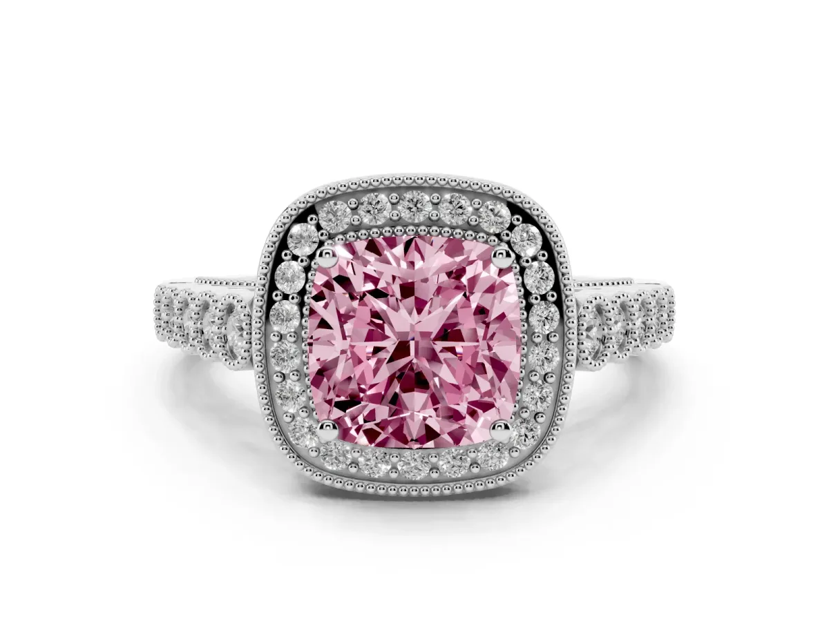 Fancy Pink Cushion Cut Diamond Milgrain Halo Solitaire Ring Set in Platinum with Bezel Set Side Stones and Pavé Band