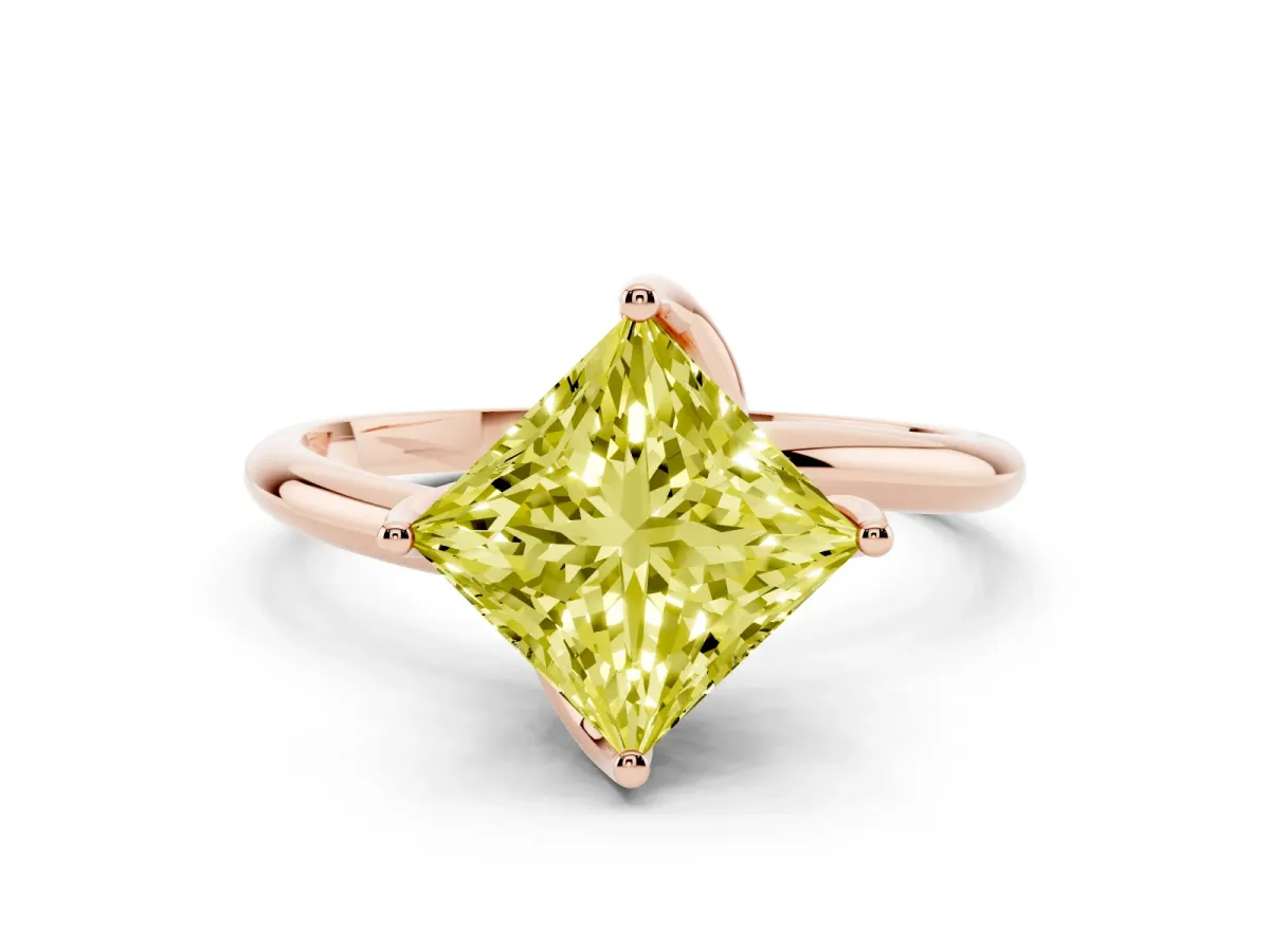 Fancy Yellow Princess Cut Diamond Solitaire Engagement Ring Set in Rose gold with Classic Plain Band