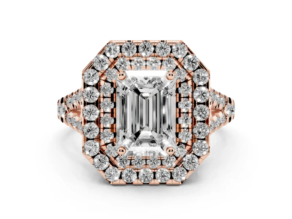 Emerald Cut Diamond Double Halo Ring Set in Rose gold with Pavé Split Shank and Prong Setting