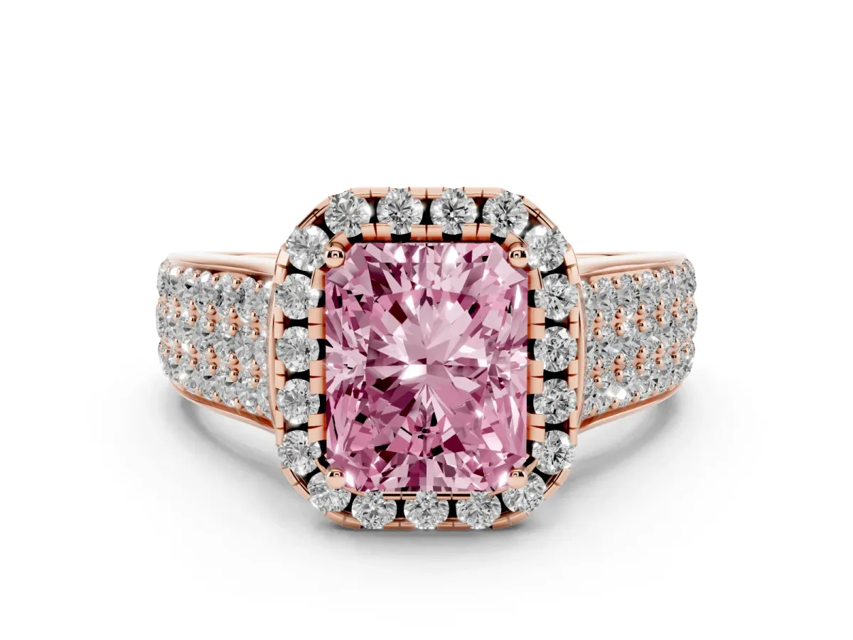 Fancy Pink Radiant Cut Diamond Halo Ring Set in Rose gold with Pavé Band and Raised Center Setting
