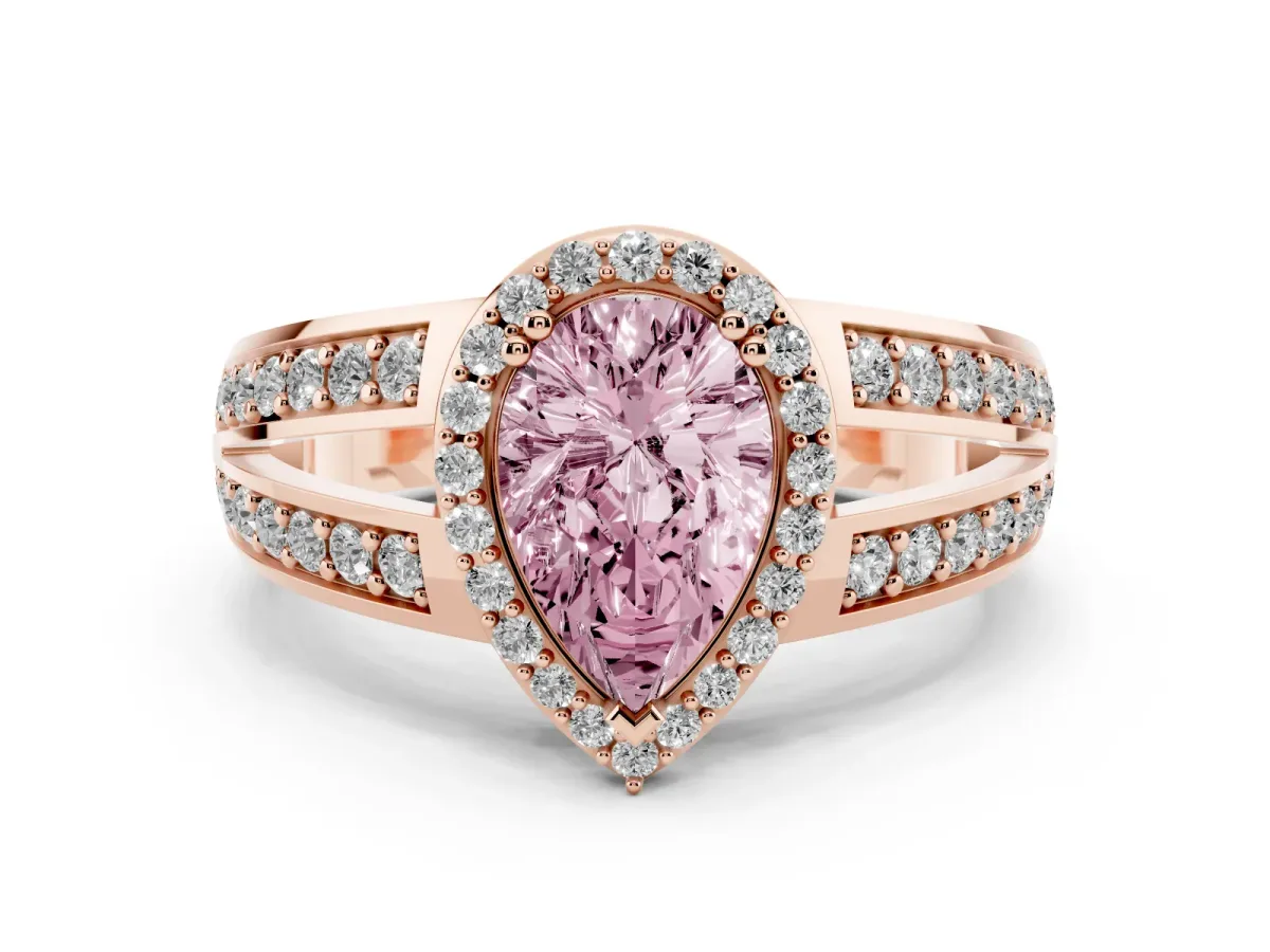 Fancy Pink Pear Cut Diamond Halo Ring Set in Rose gold with Double Pavé Split Shank