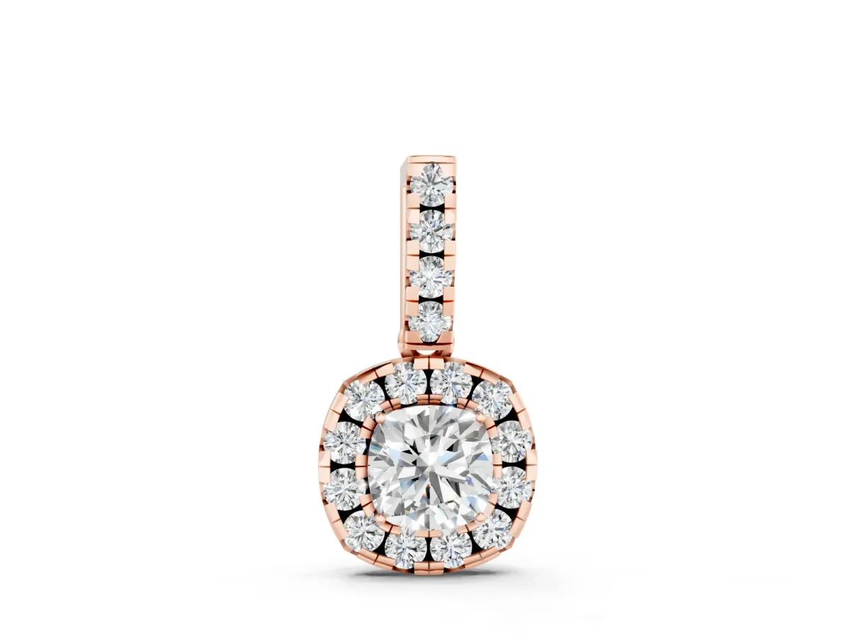 Cushion Cut Diamond Halo Pendant Set in Rose gold with Four-Prong Center