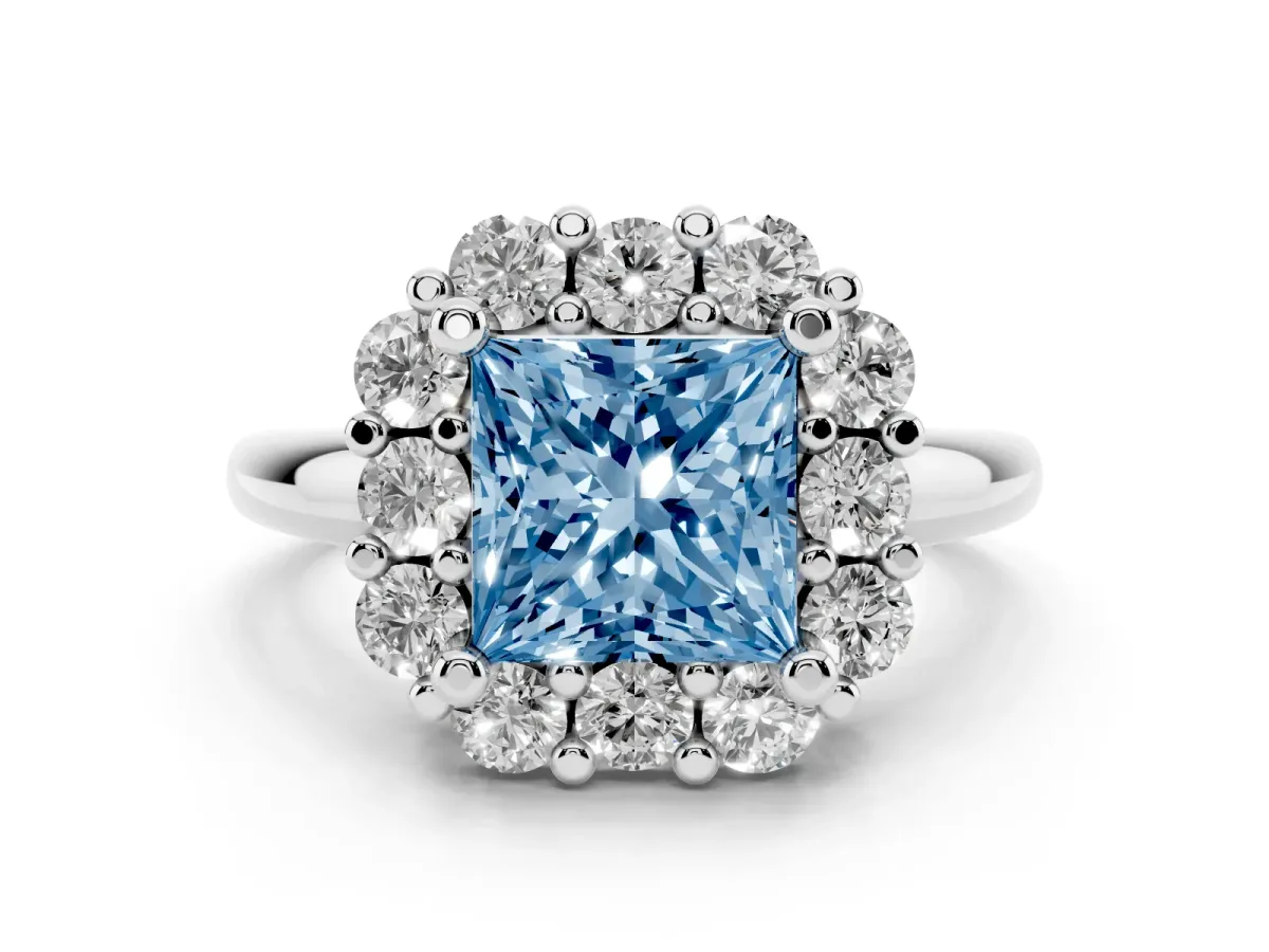 Fancy Blue Princess Cut Diamond Halo Cluster Engagement Ring Set in Silver with Polished Band and Prong Setting