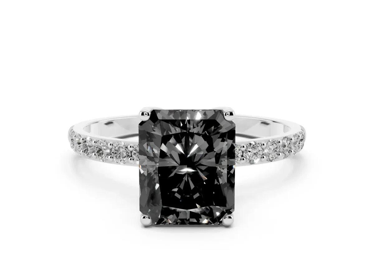 Fancy Black Radiant Cut Diamond Solitaire Engagement Ring Set in White gold with Round Pavé Band and Prong Setting
