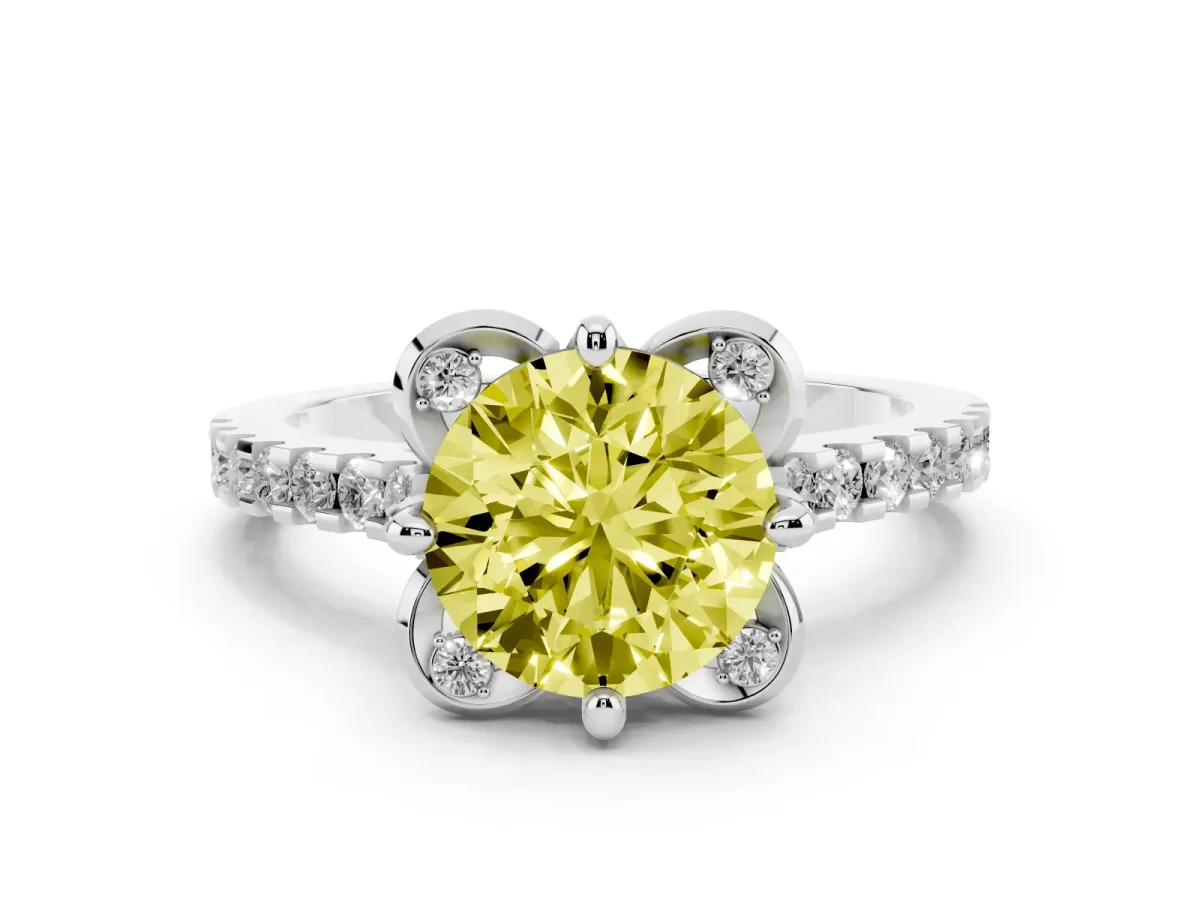 Fancy Yellow Round Cut Diamond Solitaire Ring Set in White gold with Pavé Band and Floral Prong Setting