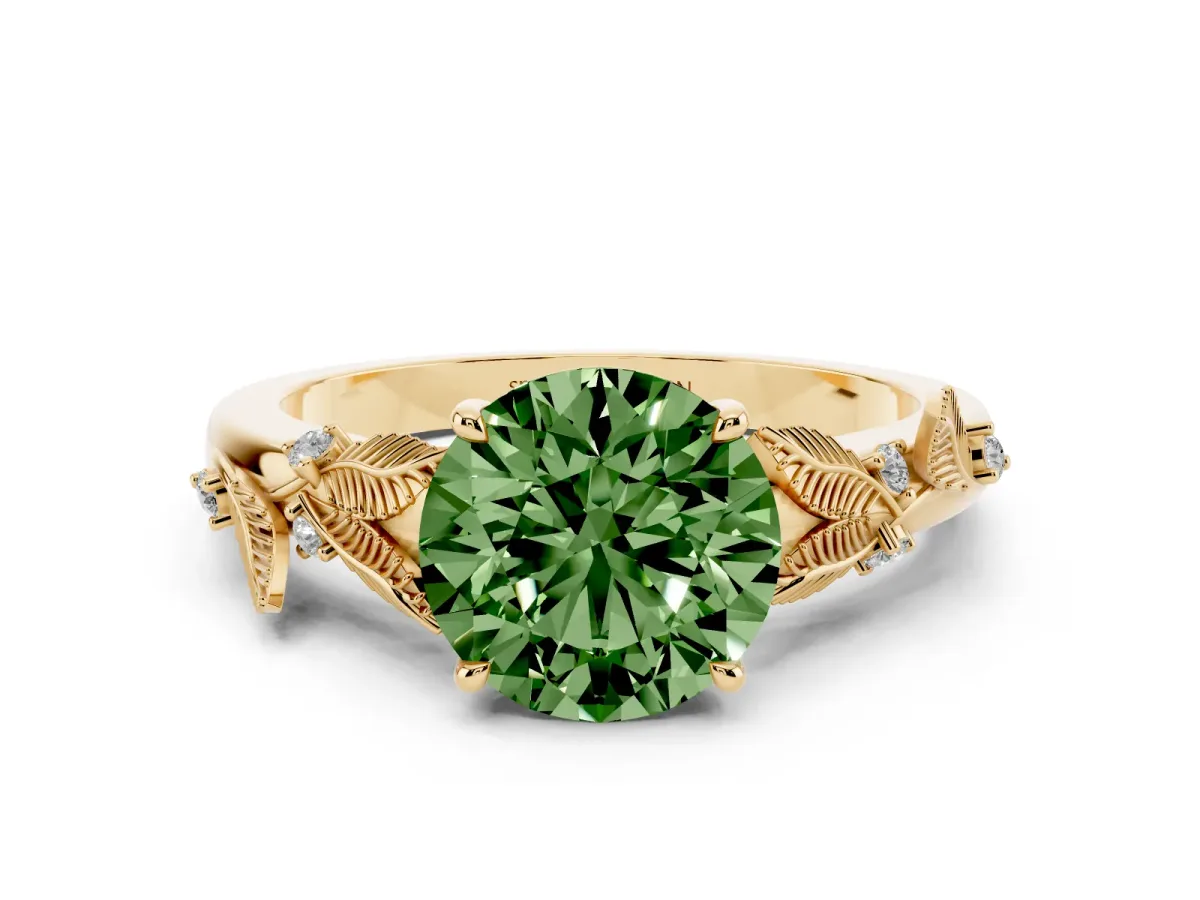 Fancy Green Round Cut Diamond Solitaire Ring Set in Yellow gold with Leaf Motif Band