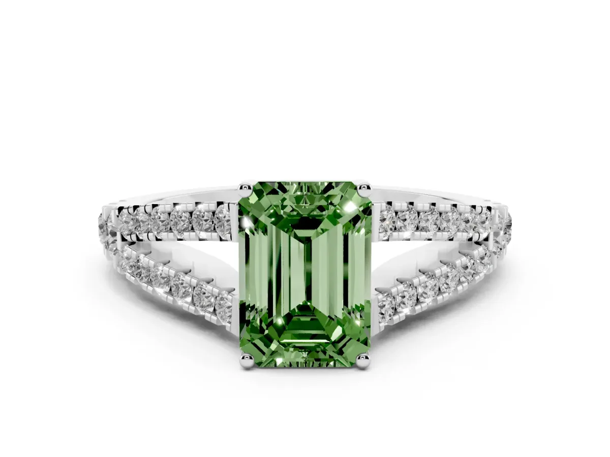 Fancy Green Emerald Cut Diamond Split Shank Pavé Engagement Ring Set in Silver with Prong-Held Center Stone