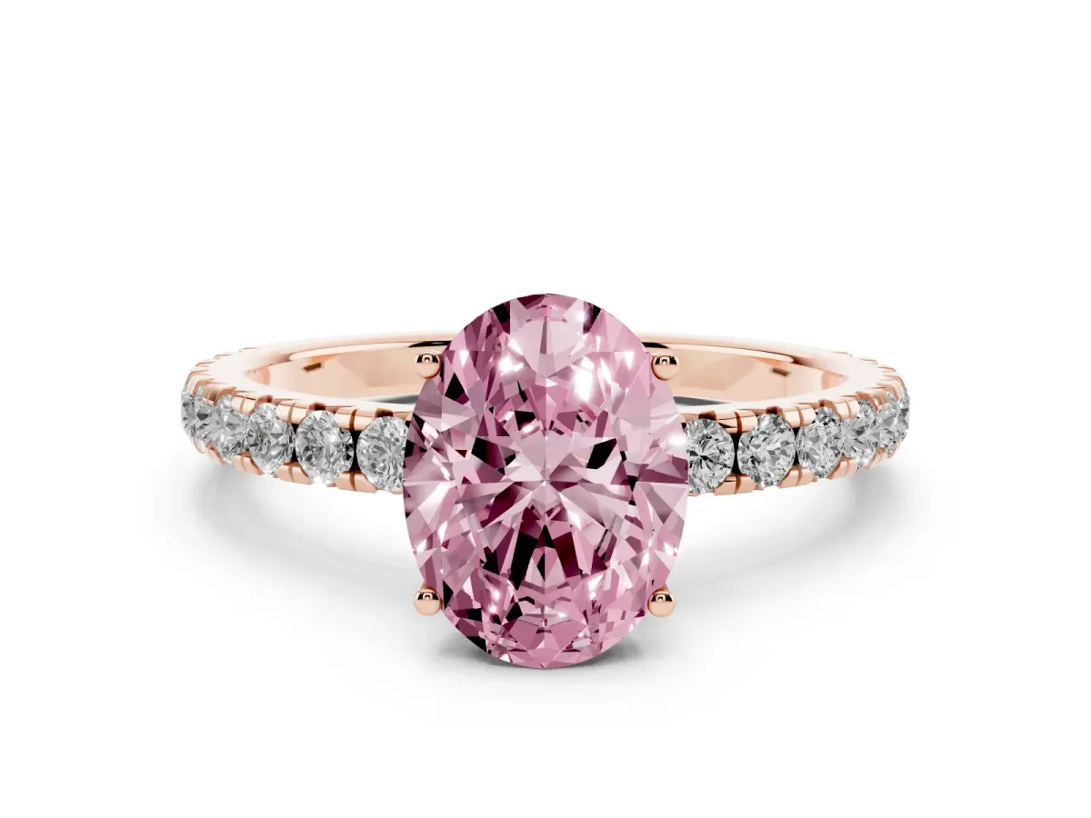 Fancy Pink Oval Cut Diamond Pavé Solitaire Engagement Ring Set in Rose gold with Prong Setting