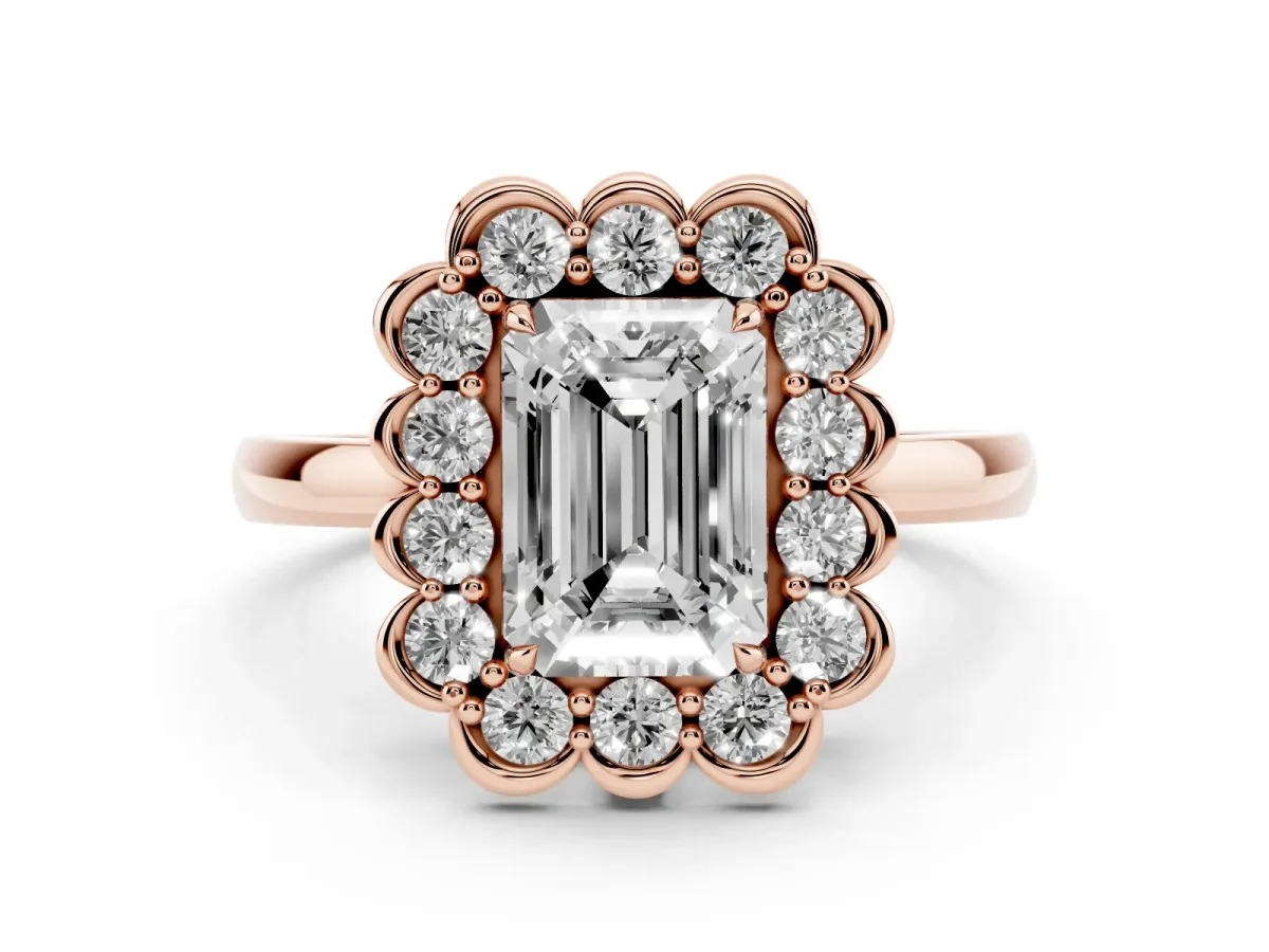 Emerald Cut Diamond Halo Cluster Engagement Ring Set in Rose gold with Solitaire Band and Prong Setting