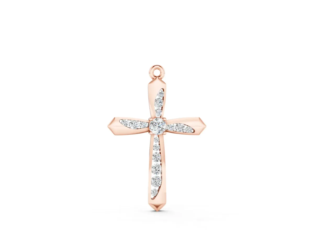 Cross Pendant Set in Rose gold with Prong-Set Round Cut Stones and Center Stone