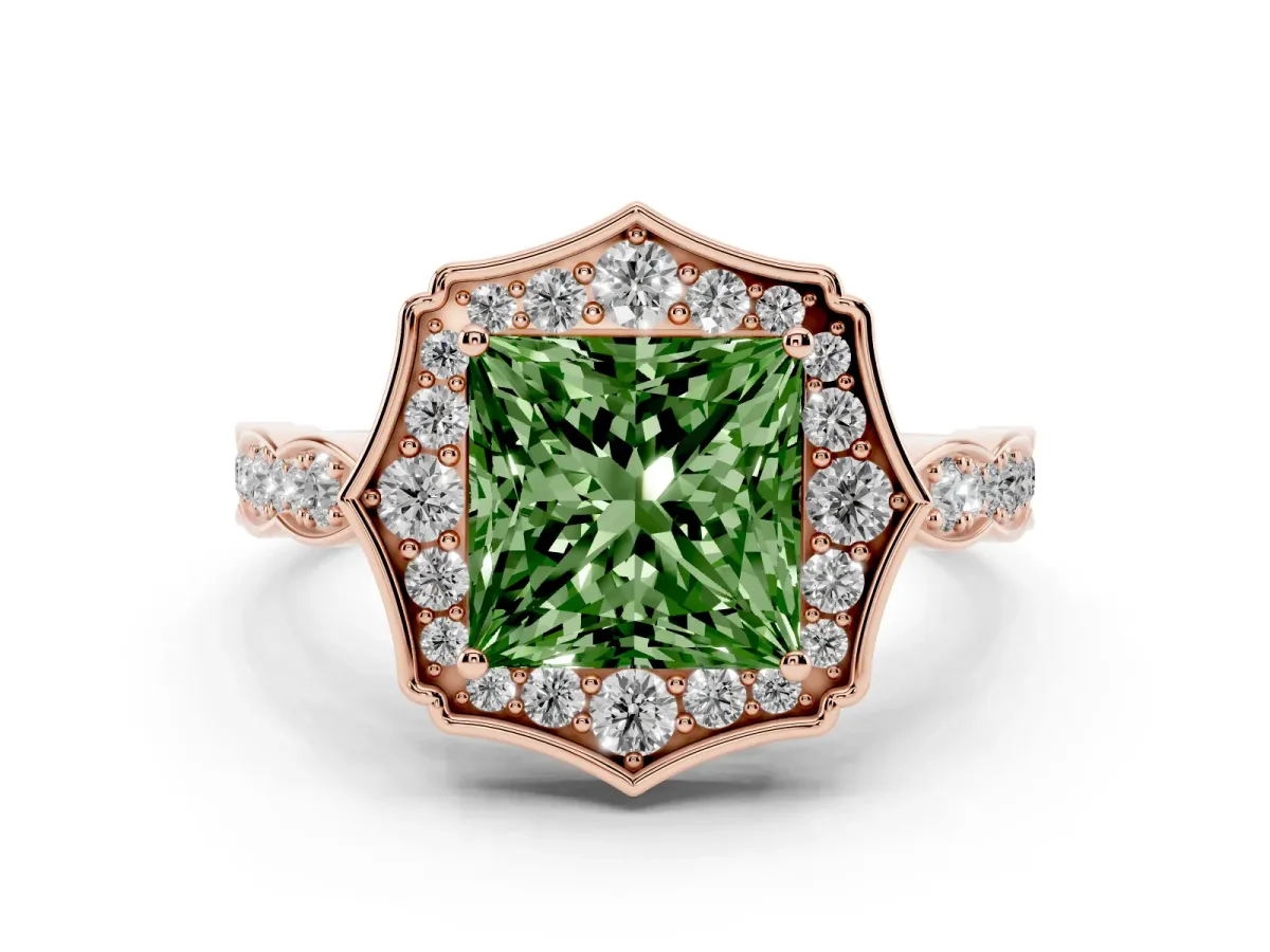 Fancy Green Princess Cut Diamond Halo Engagement Ring Set in Rose gold with Milgrain Band and Prong Setting