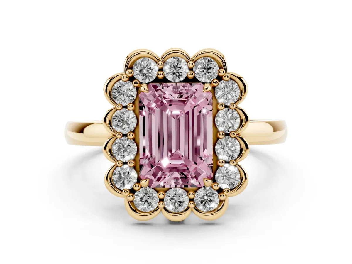 Fancy Pink Emerald Cut Diamond Halo Cluster Engagement Ring Set in Yellow gold with Solitaire Band and Prong Setting