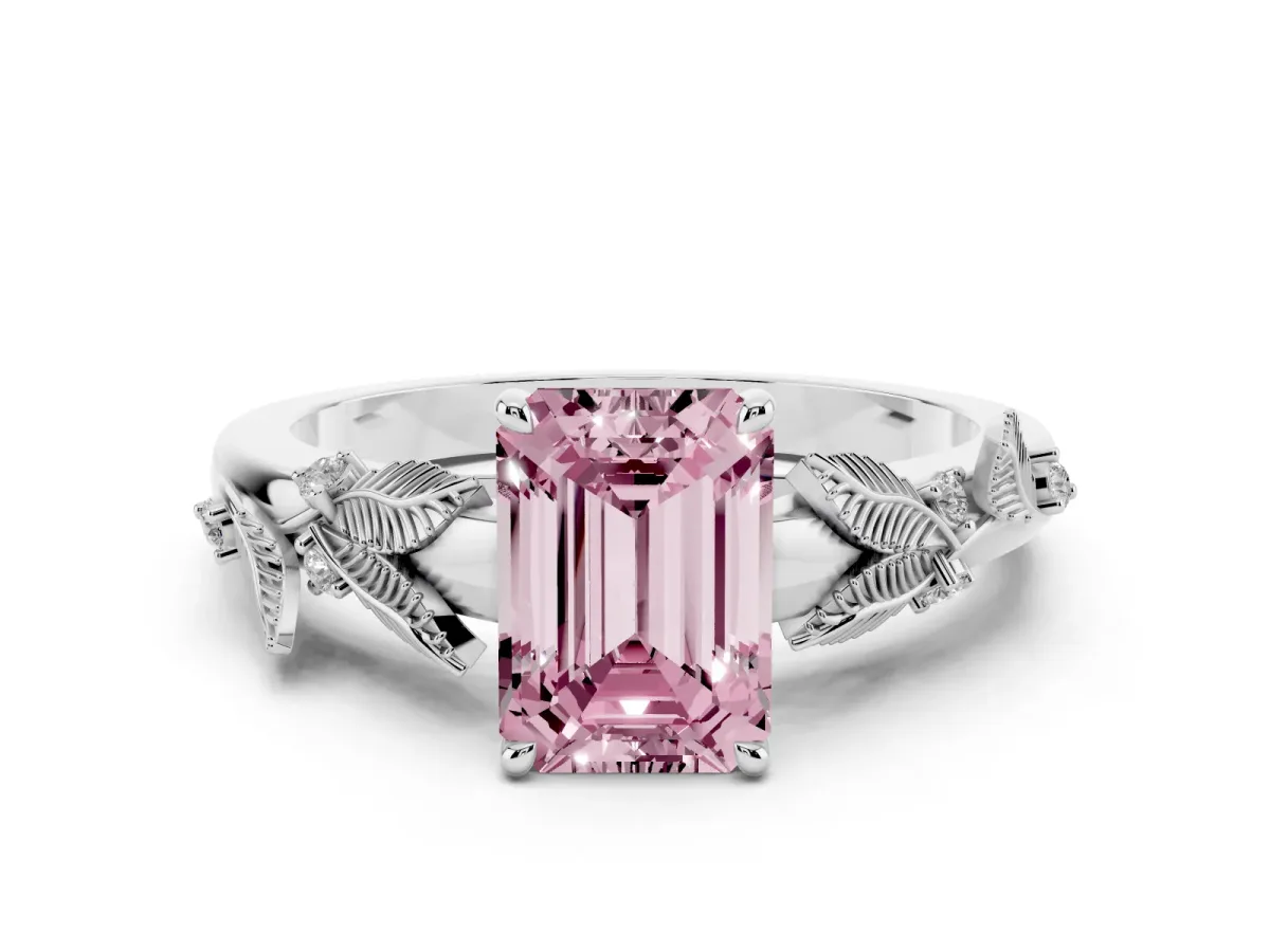 Fancy Pink Emerald Cut Diamond Solitaire Ring Set in Platinum with Leaf Motif Band