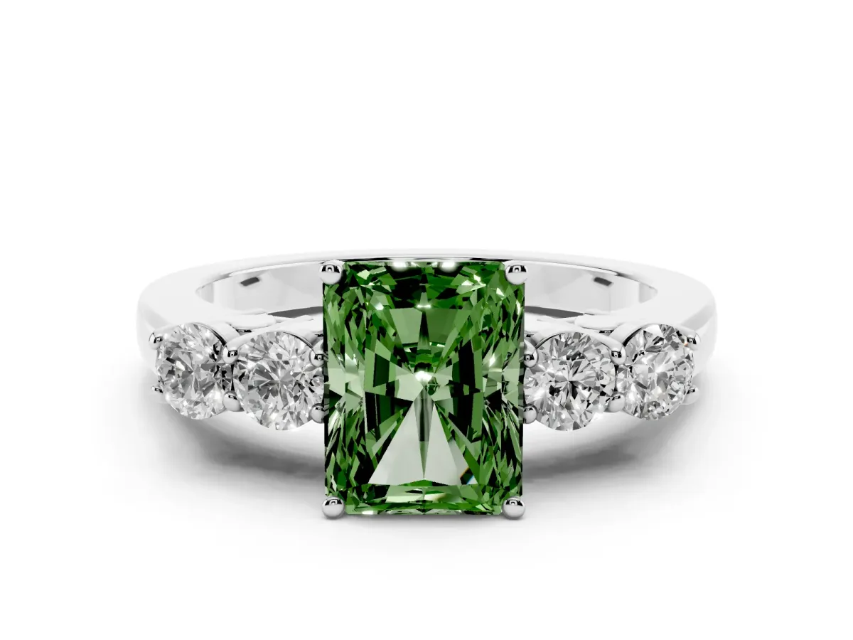 Fancy Green Radiant Cut Diamond Five-Stone Prong Set Band Ring Set in Platinum with Polished Band