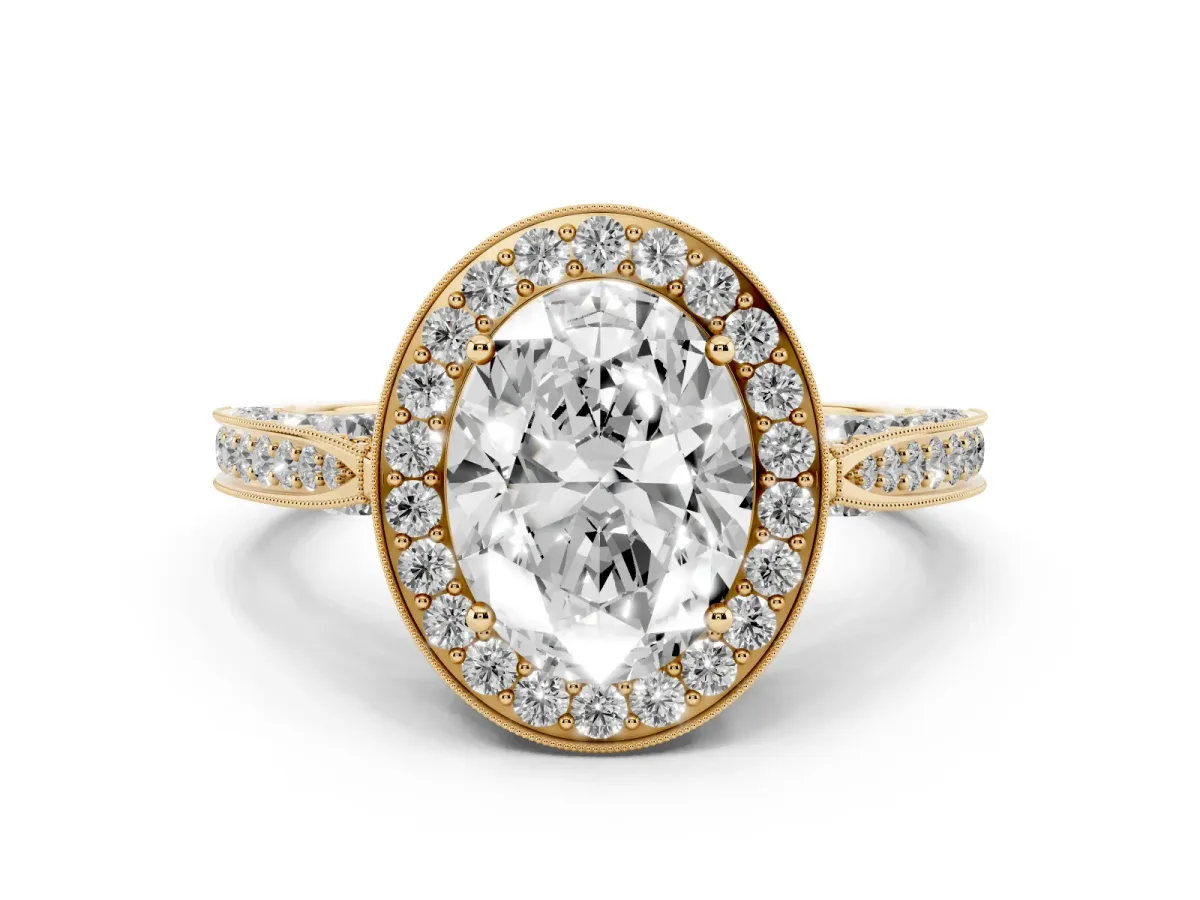Oval Cut Diamond Halo Engagement Ring Set in Yellow gold with Accent Split Shank Band
