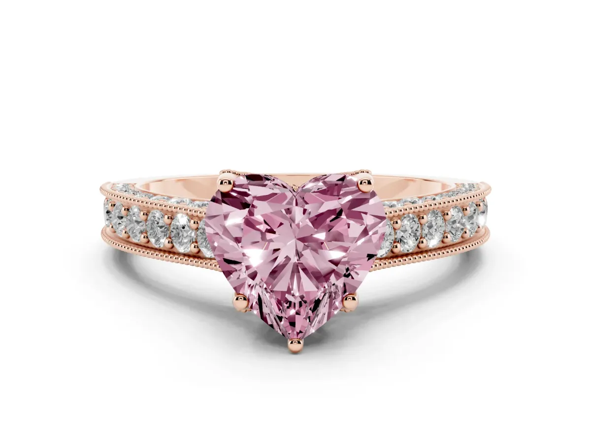 Fancy Pink Heart Cut Diamond Solitaire Ring Set in Rose gold with Milgrain-Edged Pavé Band and Prong Setting