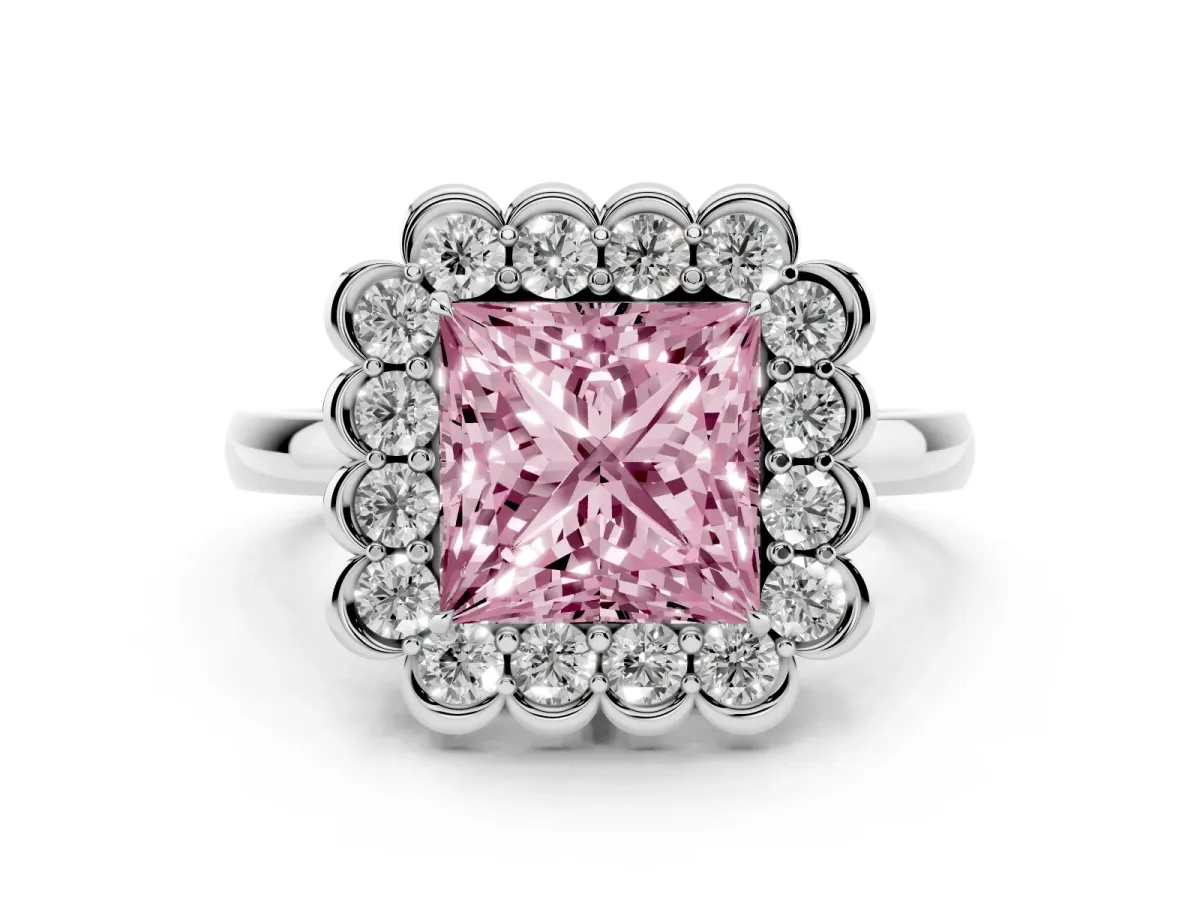 Fancy Pink Princess Cut Diamond Halo Cluster Engagement Ring Set in Platinum with Solitaire Band and Prong Setting