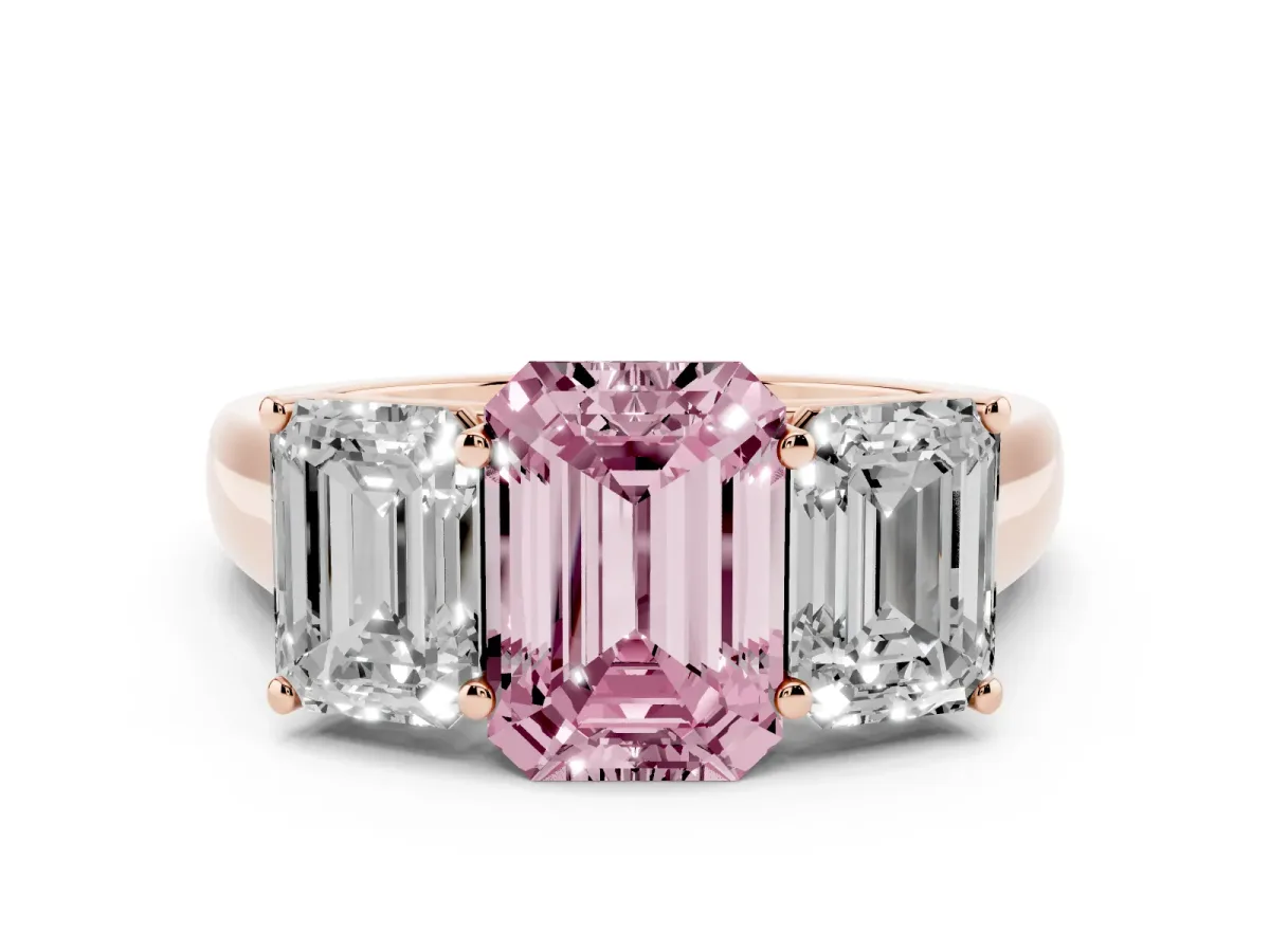 Fancy Pink Emerald Cut Diamond Three-Stone Ring Set in Rose gold with Plain Polished Band