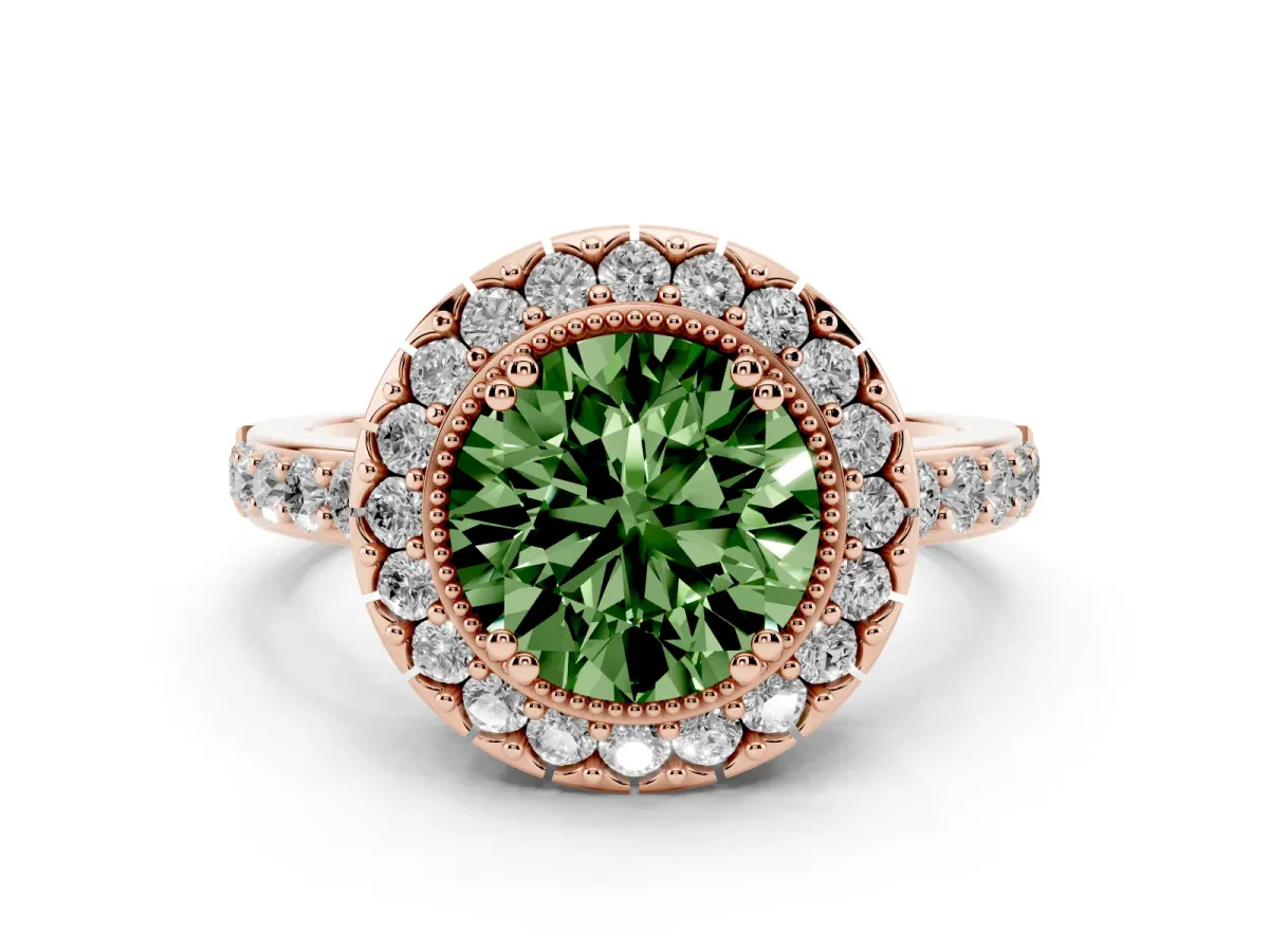 Fancy Green Round Cut Diamond Halo Ring Set in Rose gold with Pavé Shank and Prong Setting
