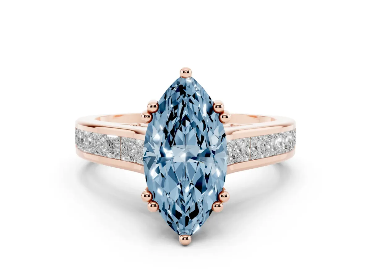 Fancy Blue Marquise Cut Diamond Channel Set Solitaire Engagement Ring Set in Rose gold with Prong Setting