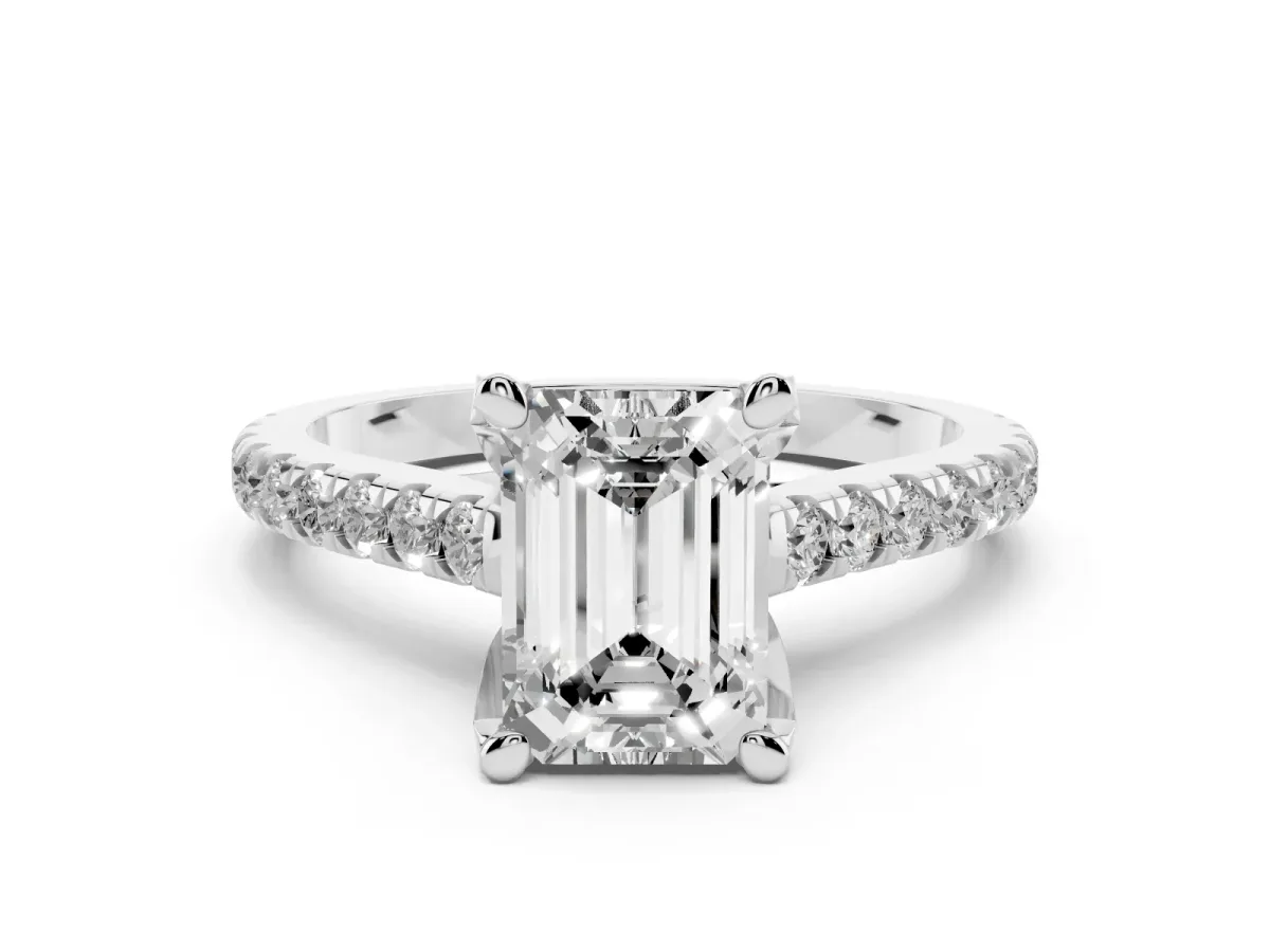 Emerald Cut Diamond Solitaire Ring Set in White gold with Brilliant Pavé Band and Prong Setting