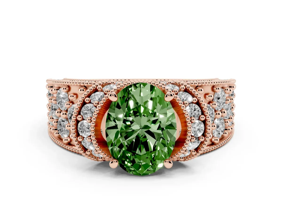 Fancy Green Oval Cut Diamond Milgrain Halo Pavé Engagement Ring Set in Rose gold with Prong Setting