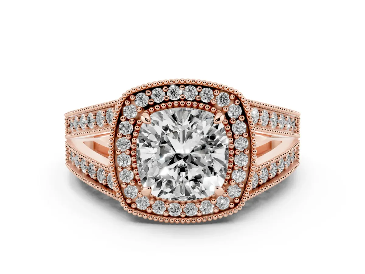 Cushion Cut Diamond Halo Ring Set in Rose gold with Stone-Set Split Shank and Milgrain Edges