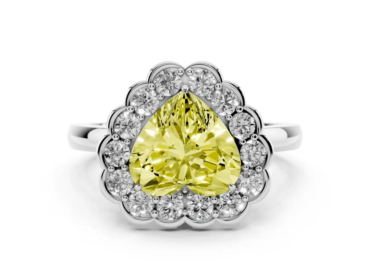 Fancy Yellow Heart Cut Diamond Halo Cluster Engagement Ring Set in Silver with Solitaire Band and Prong Setting