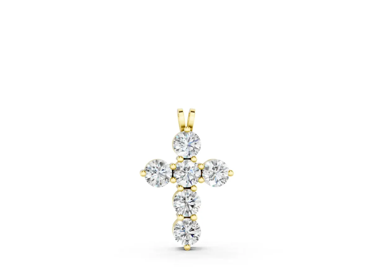 Round Diamond Cross Pendant Set in Yellow gold with Prong-Set Traditional Arms