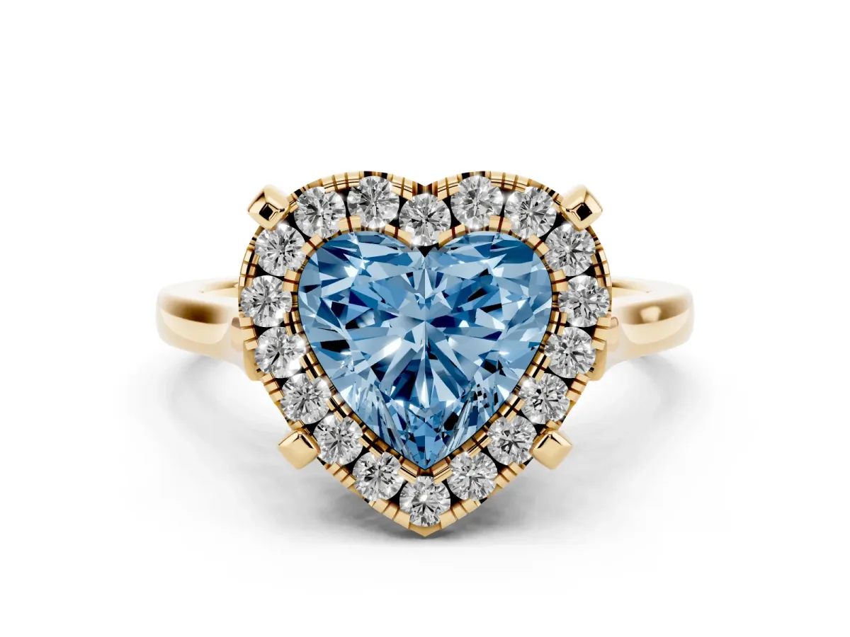 Fancy Blue Heart Cut Diamond Cluster Halo Solitaire Ring Set in Yellow gold with Prong Setting