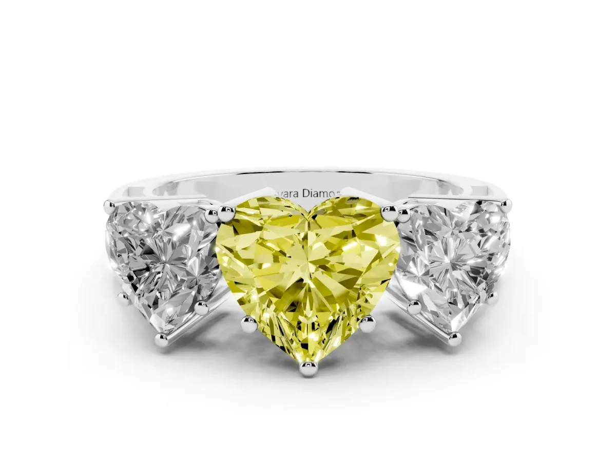 Fancy Yellow Heart Cut Diamond Three-Stone Ring Set in Silver with Textured Band
