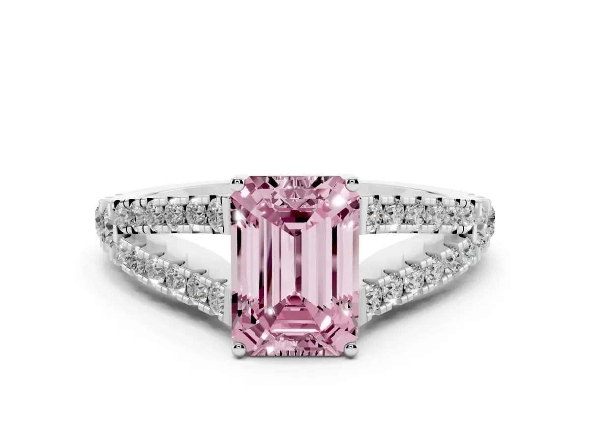 Fancy Pink Emerald Cut Diamond Split Shank Pavé Engagement Ring Set in Silver with Prong-Held Center Stone