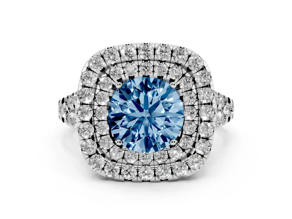 Fancy Blue Round Cut Diamond Double Halo Ring Set in Platinum with Pavé Split Shank and Prong Setting