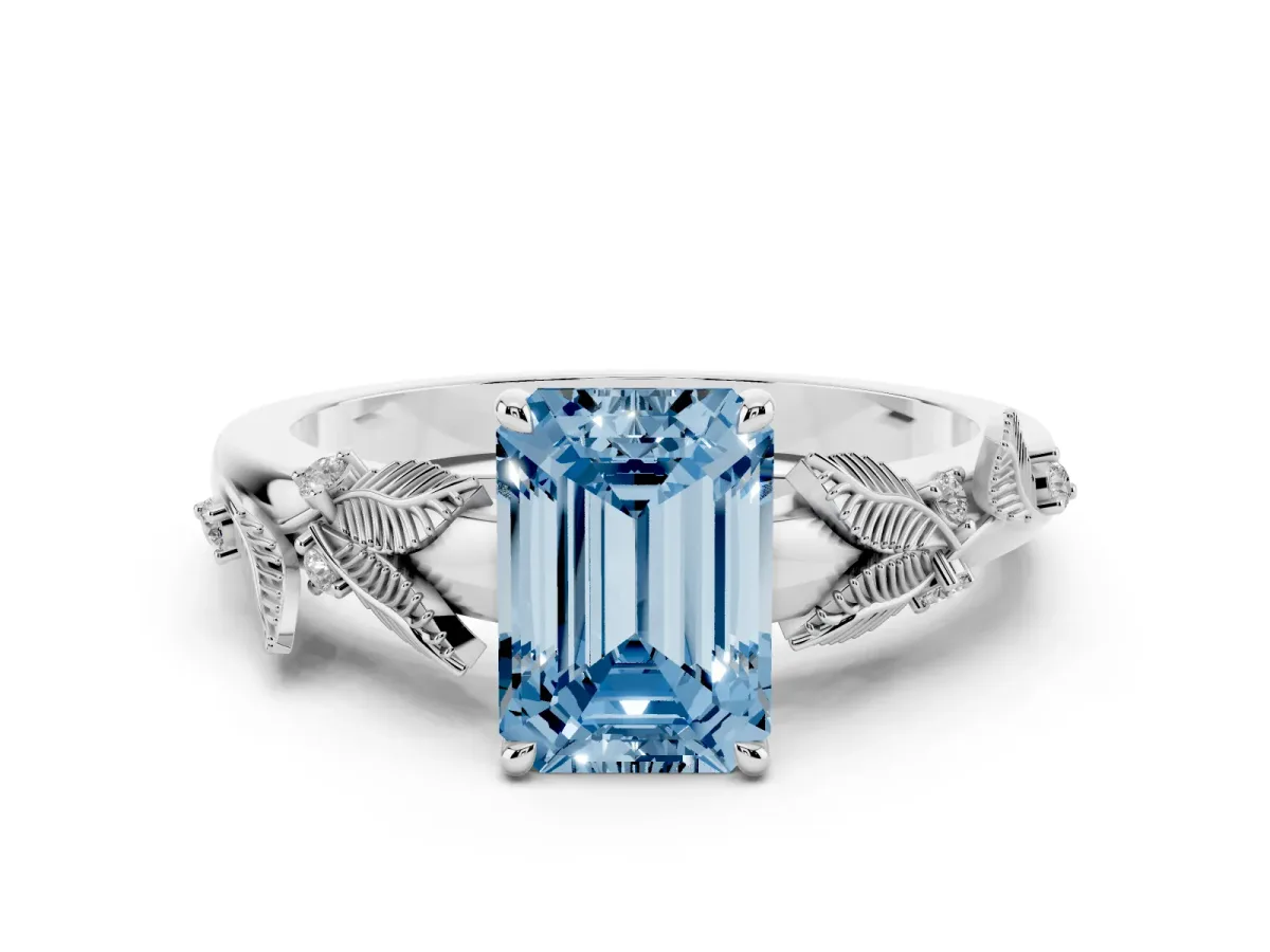 Fancy Blue Emerald Cut Diamond Solitaire Ring Set in Platinum with Leaf Motif Band