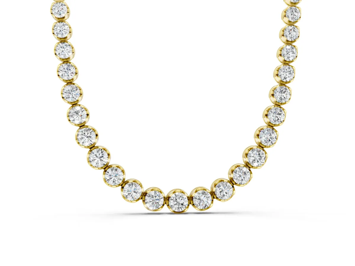 Round Brilliant Diamond Tennis Necklace Set in Yellow gold with Prong-Set Line