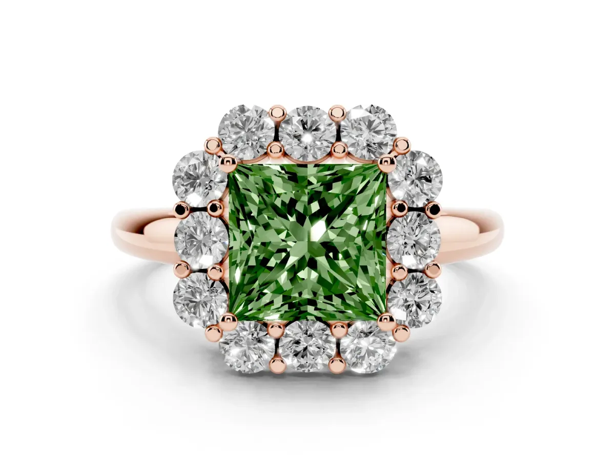 Fancy Green Princess Cut Diamond Milgrain Halo Solitaire Ring Set in Rose gold with Bezel Set Side Stones and Pavé Band