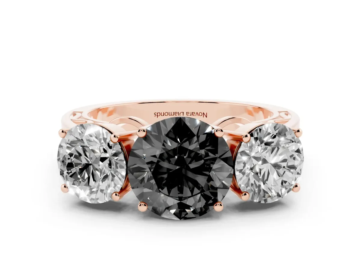 Fancy Black Round Cut Diamond Three-Stone Ring Set in Rose gold with Textured Band