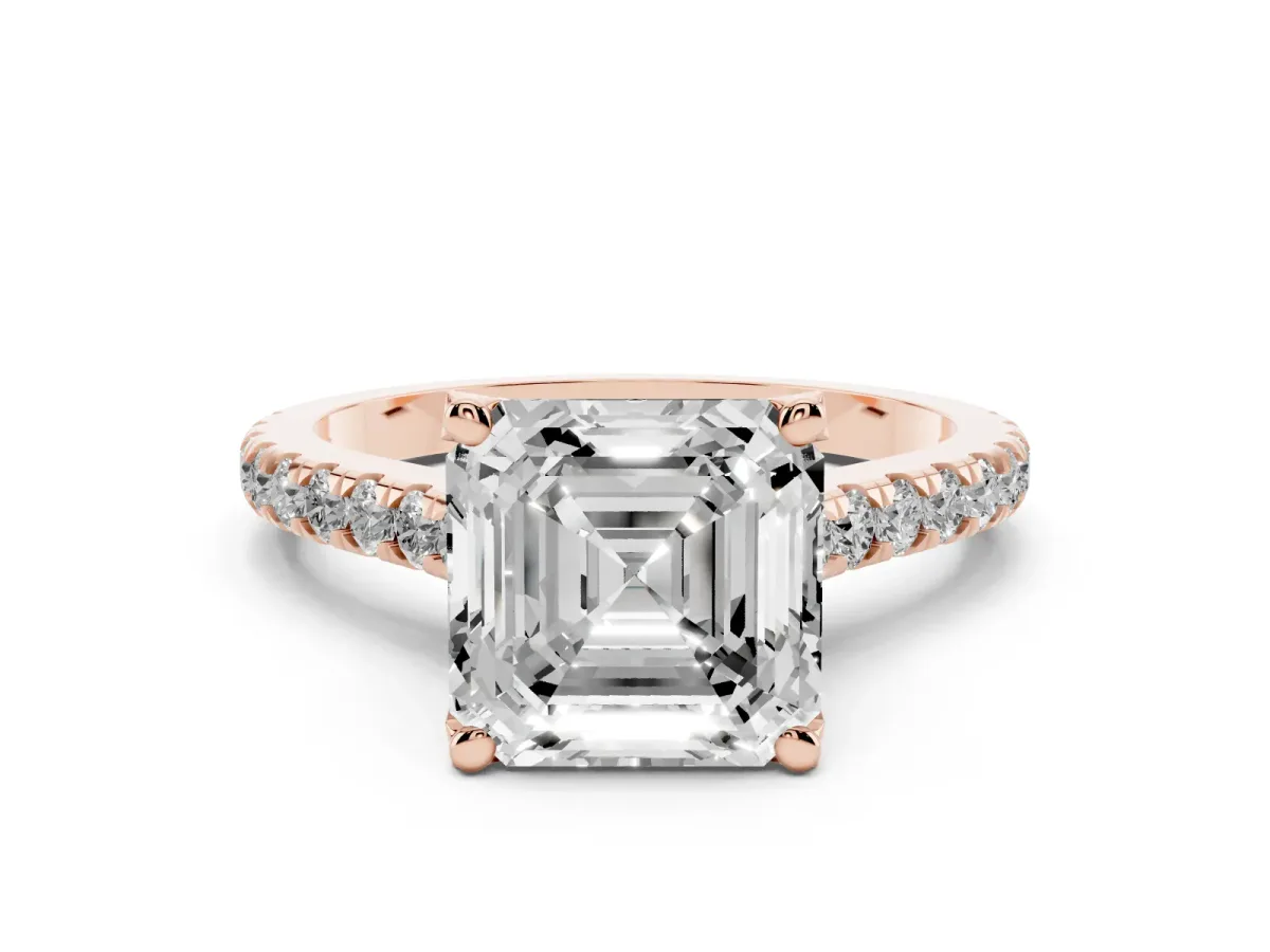 Asscher Cut Diamond Solitaire Ring Set in Rose gold with Brilliant Pavé Band and Prong Setting