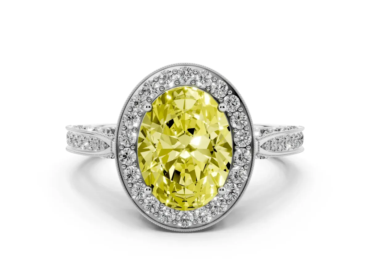 Fancy Yellow Oval Cut Diamond Halo Engagement Ring Set in Platinum with Accent Split Shank Band