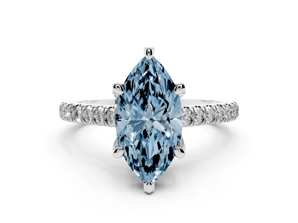 Fancy Blue Marquise Cut Diamond Solitaire Ring Set in Platinum with Brilliant Pavé Band and Prong Setting