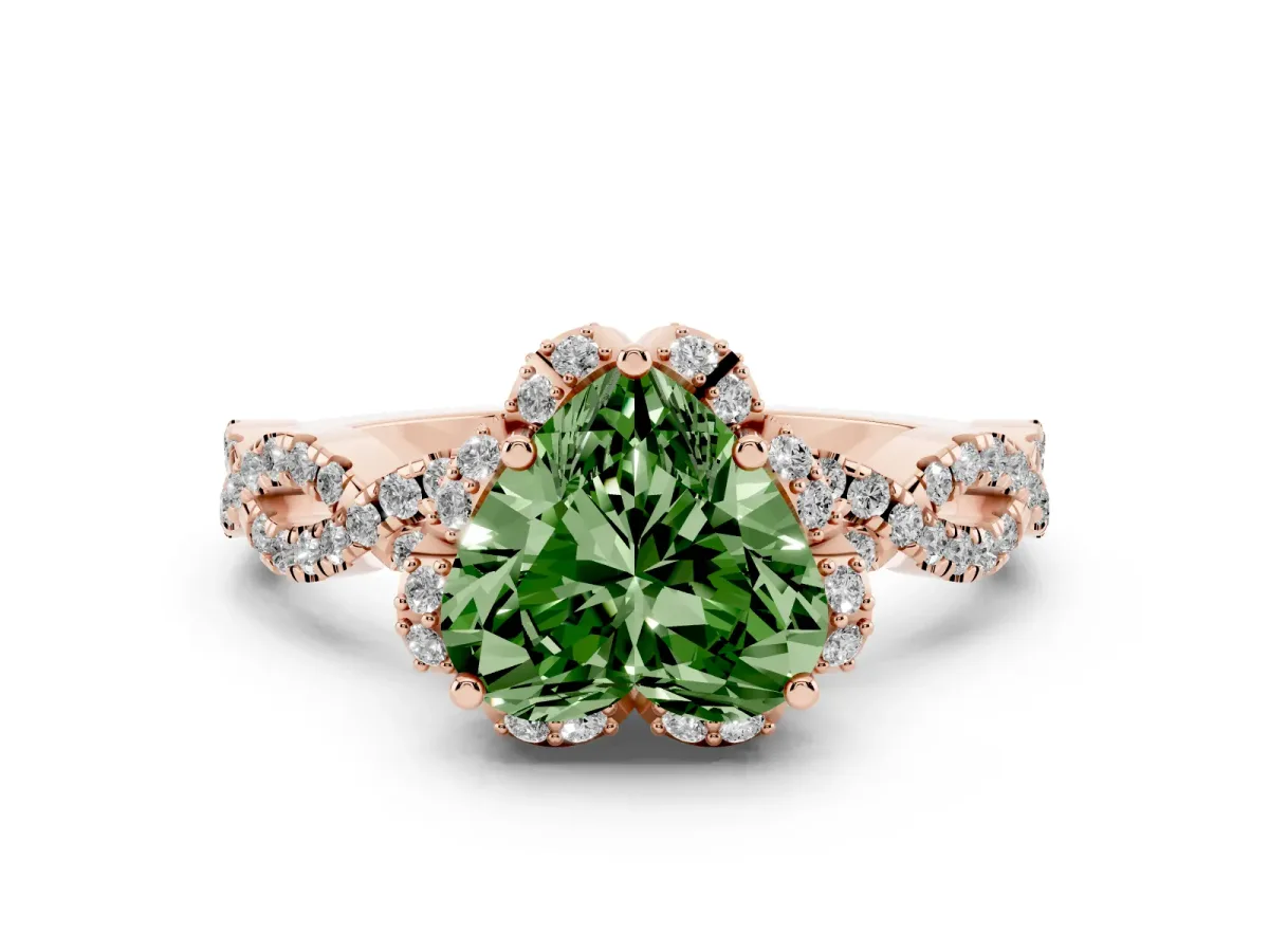 Fancy Green Heart Cut Diamond Halo Twist Band Solitaire Ring Set in Rose gold with Prong-Set Center Stone
