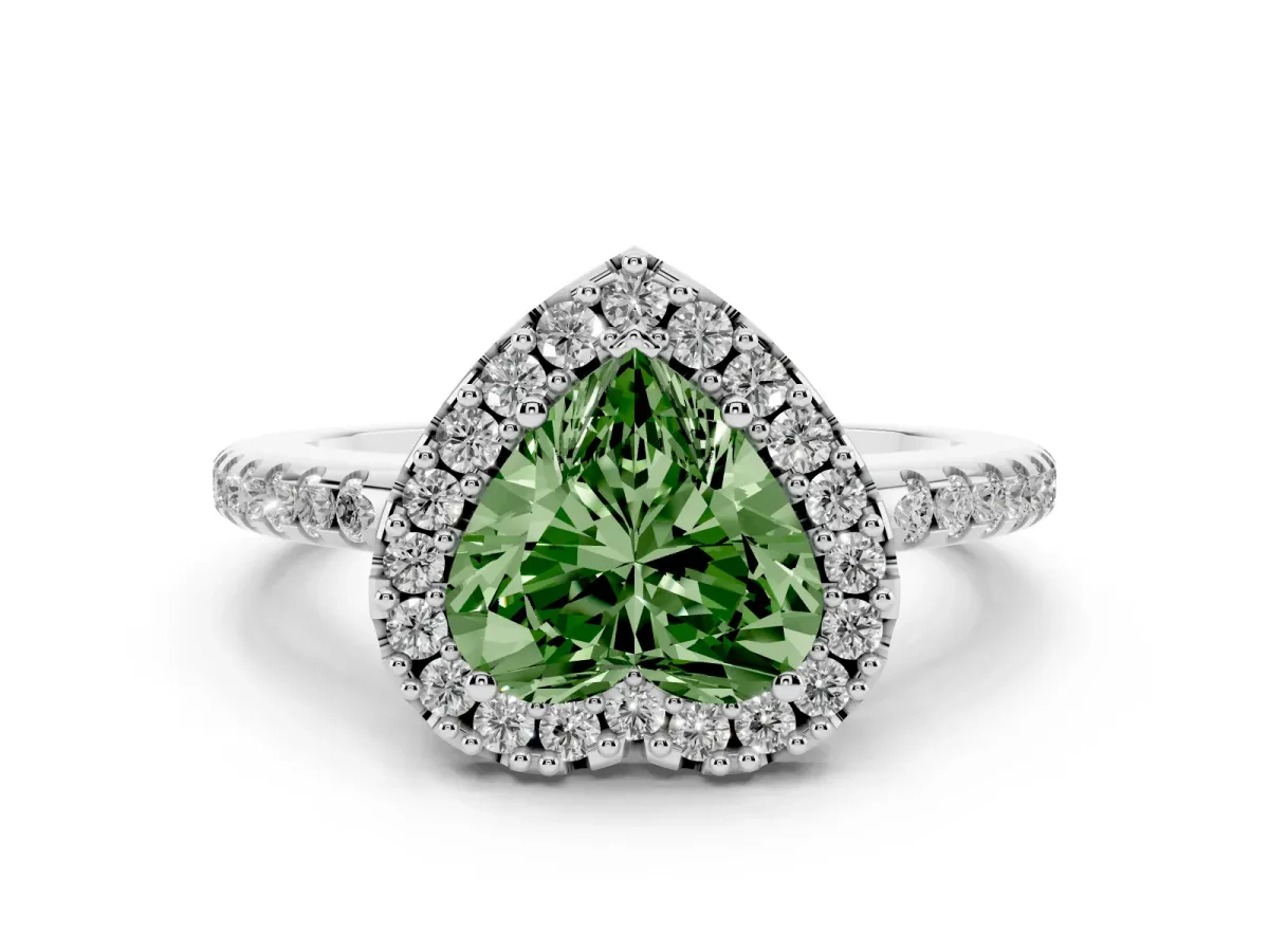 Fancy Green Heart Cut Diamond Pavé Halo Ring Set in White gold with Prong Setting