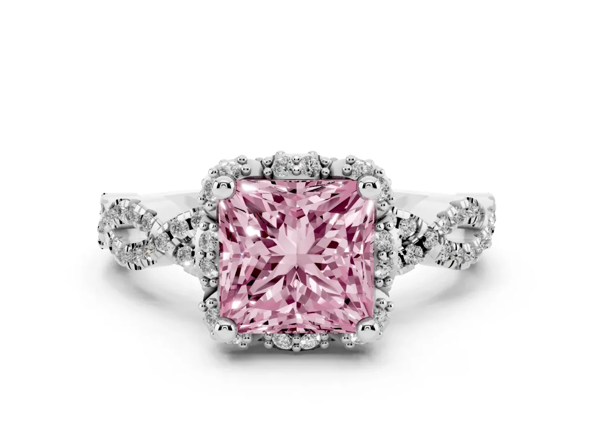 Fancy Pink Princess Cut Diamond Halo Twist Band Solitaire Ring Set in Silver with Prong-Set Center Stone